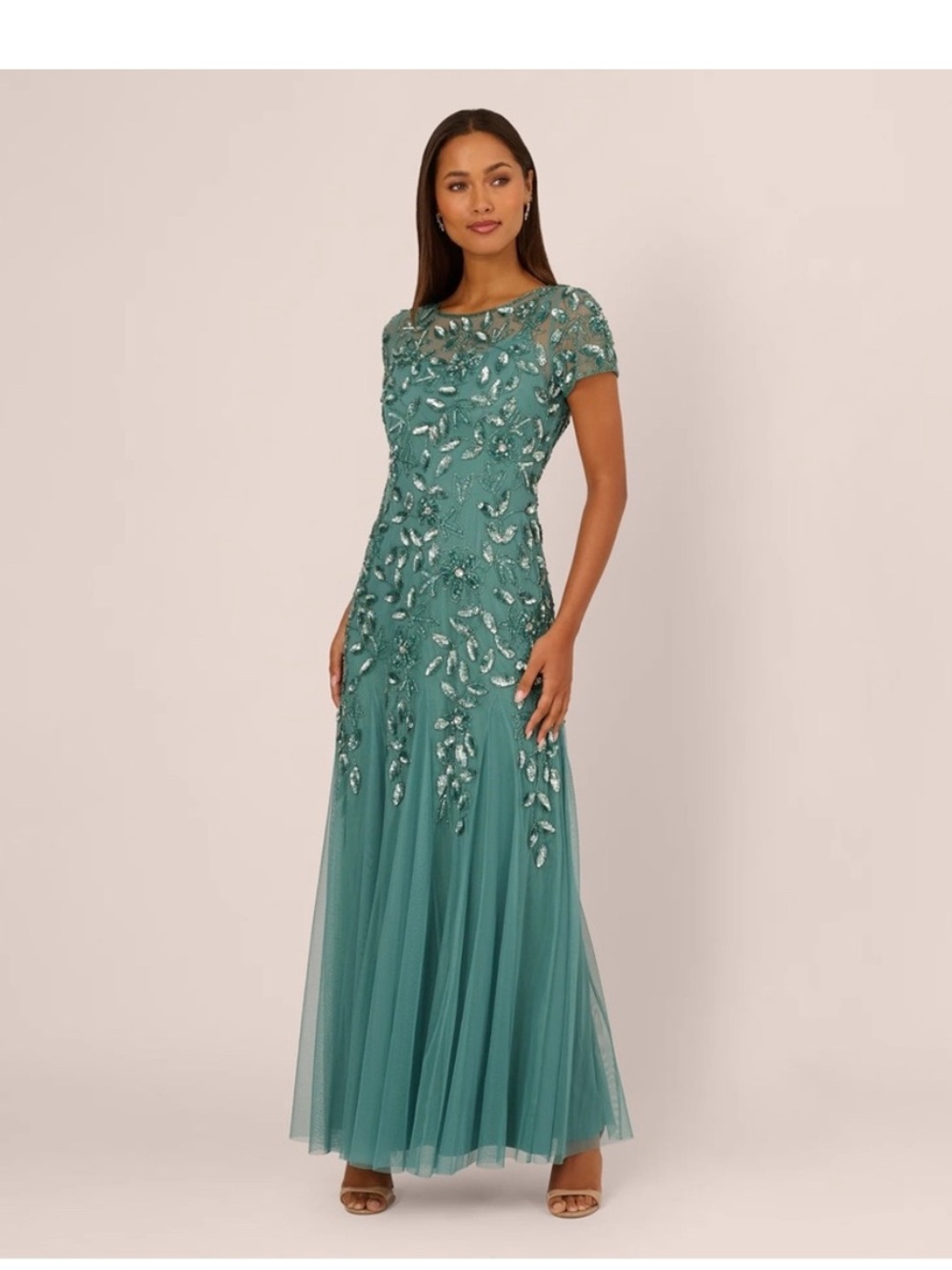 Adrianna Papell Dress SZ 6 Jade Green Beaded Sequin Gown Formal Evening NWT GALA - Picture 4 of 14